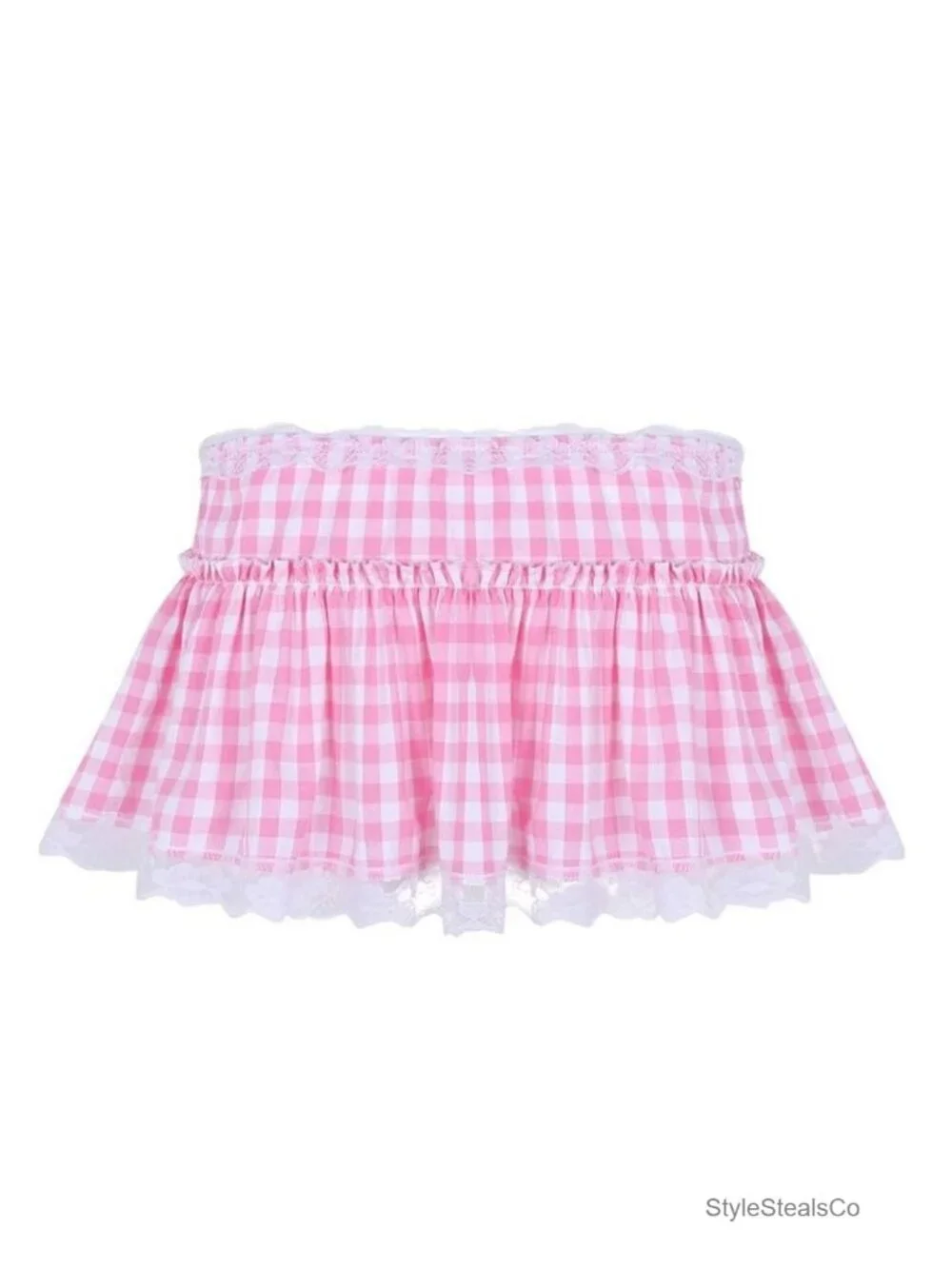 Women Plaid Mini Skirt Lace Trim Pleated A-Line Micro Skirt